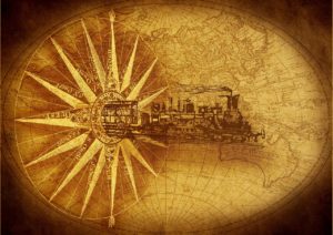 steam locomotive, compass, map of the world