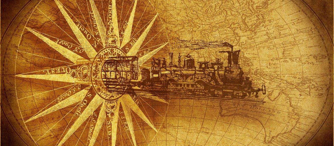 steam locomotive, compass, map of the world